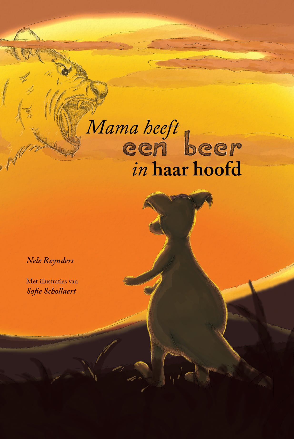 Cover van het boek 'Mama heeft een BEER in haar hoofd' met illustraties van Sofie Schollaert